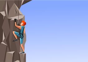 Cartoon illustration of a man climbing the rock on blue background. vector