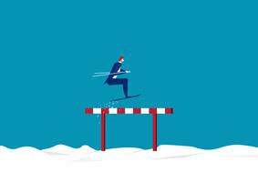 Businessman jumping over hurdles or obstacles on snow background vector