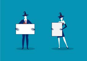 business people with witch hats holding banner with skeleton hands vector