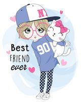 Hand drawn cute girl with best friend cat vector