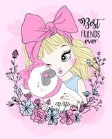 Hand drawn cute girl with pug best friend and flower wreath vector