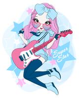 Hand drawn cute girl playing electric guitar vector