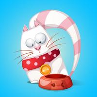 Funny, cute cartoon character cats. Animal eats from bowl. vector