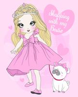 Hand drawn cute girl wearing crown with best friend pug vector