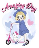 Hand drawn cute girl with scooter and cat vector