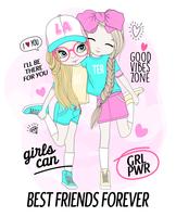 Hand drawn cute girl best friends with doodles and typography vector