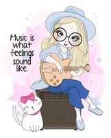 Hand drawn cute girl sitting on speaker playing guitar with cat vector