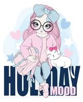 Dibujado a mano linda chica con mochila y gato sentado en texto Holiday Mood vector