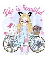 Hand drawn cute girl with bicycle and cat vector