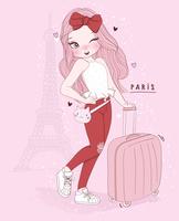 Dibujado a mano linda chica con maleta en París con tipografía vector