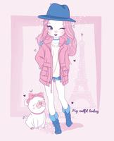 Hand drawn cute girl wearing jacket in Paris with dog and typography vector