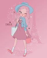 Dibujado a mano linda chica en París con bolsas de compras y tipografía