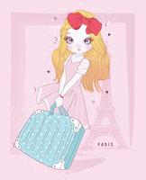 Hand drawn cute girl holding suitcase in Paris with typography vector