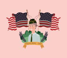 military man with uniform in the field with usa flags crossed vector