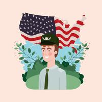 Hombre militar con bandera de Estados Unidos en el campo vector