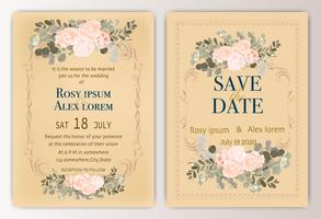 Tarjeta de invitación de boda con coloridas flores y hojas. vector