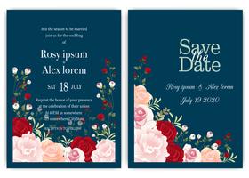 Tarjeta de invitación de boda con coloridas flores y hojas. vector