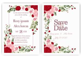 Tarjeta de invitación de boda con coloridas flores y hojas. vector