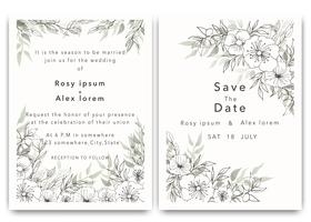 Las invitaciones de boda guardan el diseño de la tarjeta de fecha con una elegante anémona de jardín. vector