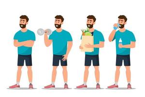 Conjunto de hombre ejercicio en el gimnasio y comer sano vector