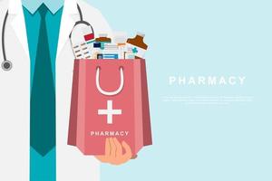 pharmacy doctor holding a medicine bag  vector