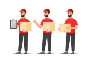 set of delivery men with box vector