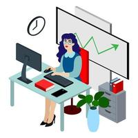 Isometric office worker flat illustration. Beautiful young character working. vector