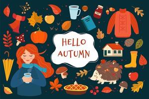 Autumn hand drawn elements collection with lettering on dark background vector