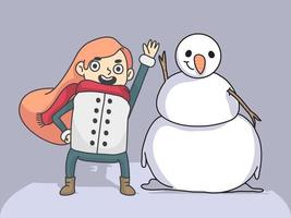 cartoon girl waving with snowman christmas illustration vector