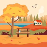 Paisaje rural de otoño escena con banco lindo vector