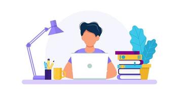 Man with laptop, studying or working concept vector