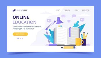 Online education landing page with with open book and a lamp vector
