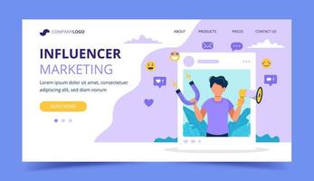 Influencer marketing landing page with man holding megaphone  vector