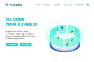 programming and coding isometric landing page template vector