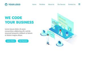 programming and coding isometric landing page template vector