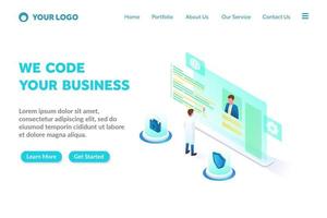 programming and coding isometric landing page template vector