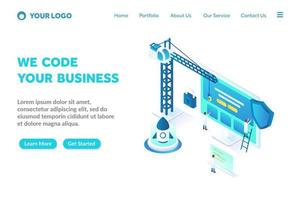 programming and coding isometric landing page template vector