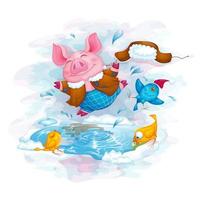 Piglet and bird friends are fun jumping in the spring puddle vector