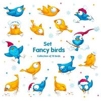 A set of funny unusual winter birds in different poses vector