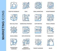 Conjunto de iconos relacionados con Blue Thin Line Marketing para sitio web y sitio móvil y aplicaciones. Diseño de iconos de esquema. Contiene íconos como Email Marketing, Social Media, Solución y más. Pack de pictogramas lineales. vector