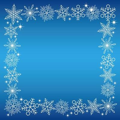 Square white snow crystal frame on a blue background