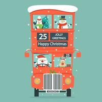 Christmas card with Santa, deer, snowman, penguin in Double Decker bus vector