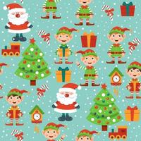 Seamles patern with Santa, elf, boxes, tree and clocks vector