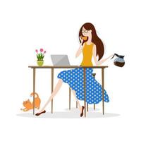 Young woman drinking coffee and working on laptop computer vector