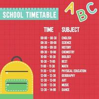 School Timetable for Back to School vector