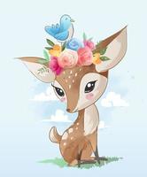 cute cartoon deer with floral crown illustration  vector