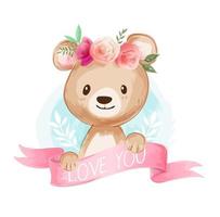 cute cartoon bear on floral crown illustration vector