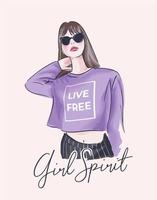 girl spirit slogan with girl in sunglasses illustration vector