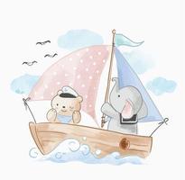 cute animals friend sailing on the boat vector