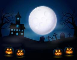 Noche de Halloween con calabaza aterradora y luna llena realista vector